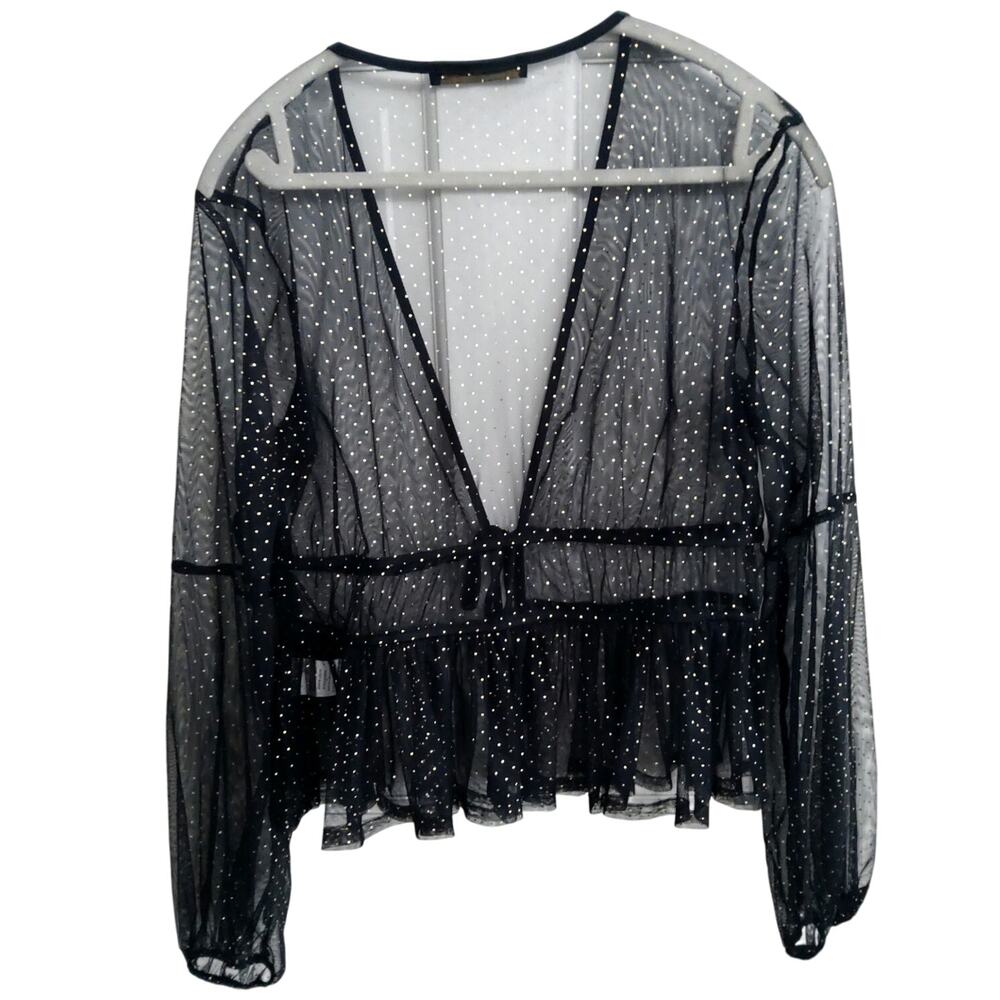 Hesperus coquette sheer top blk Whimsigoth womens size L gold polka dot lngslve